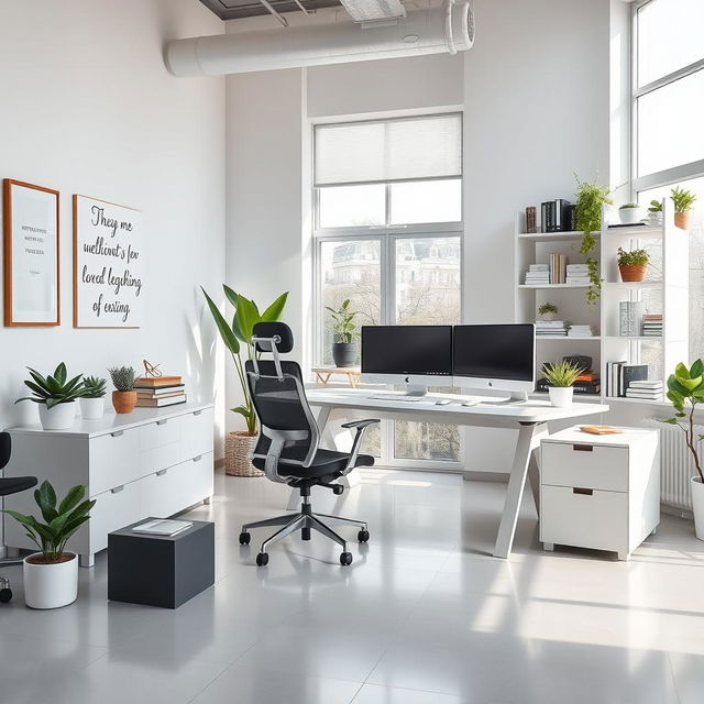 A stunning and aesthetically pleasing professional workspace, featuring a sleek modern desk, a high-end computer setup with multiple monitors, a stylish ergonomic chair, and a minimalistic design