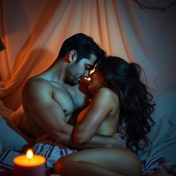 A sensual and artistic portrayal of an adult couple engaged in an intimate moment, showcasing their closeness and connection