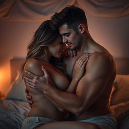 A sensual and artistic portrayal of an adult couple engaged in an intimate moment, showcasing their closeness and connection