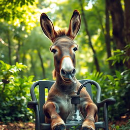 A kind donkey with a gentle face, sitting on a chair in a lush green forest