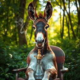 A kind donkey with a gentle face, sitting on a chair in a lush green forest