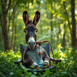 A kind donkey with a gentle face, sitting on a chair in a lush green forest