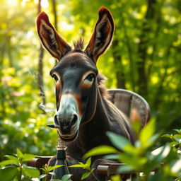 A kind donkey with a gentle face, sitting on a chair in a lush green forest