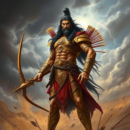 An artistic depiction of Dushasana from the Mahabharata, portrayed as a tall, muscular warrior with an ornate golden armor, holding a bow and a quiver full of arrows, standing confidently on a battlefield