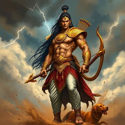 An artistic depiction of Dushasana from the Mahabharata, portrayed as a tall, muscular warrior with an ornate golden armor, holding a bow and a quiver full of arrows, standing confidently on a battlefield