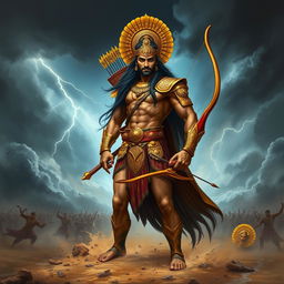 An artistic depiction of Dushasana from the Mahabharata, portrayed as a tall, muscular warrior with an ornate golden armor, holding a bow and a quiver full of arrows, standing confidently on a battlefield