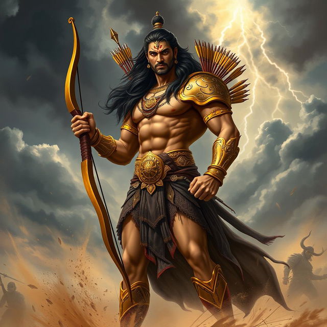 An artistic depiction of Dushasana from the Mahabharata, portrayed as a tall, muscular warrior with an ornate golden armor, holding a bow and a quiver full of arrows, standing confidently on a battlefield