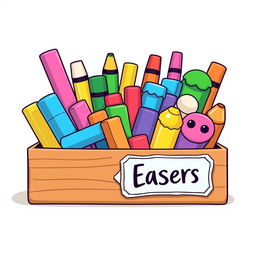 A collection of colorful vector illustrations of various types of erasers in an organized box