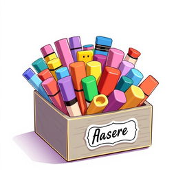 A collection of colorful vector illustrations of various types of erasers in an organized box