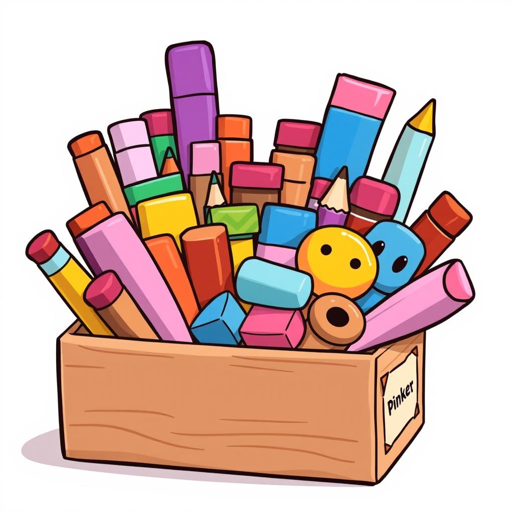 A collection of colorful vector illustrations of various types of erasers in an organized box