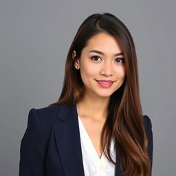 A formal identity photo of a young adult woman with long brunette hair, wearing a professional navy blazer over a white blouse, standing against a neutral gray backdrop