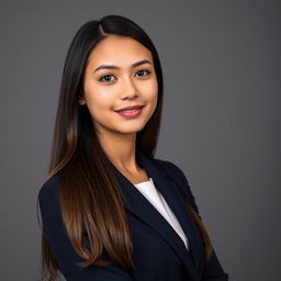 A formal identity photo of a young adult woman with long brunette hair, wearing a professional navy blazer over a white blouse, standing against a neutral gray backdrop