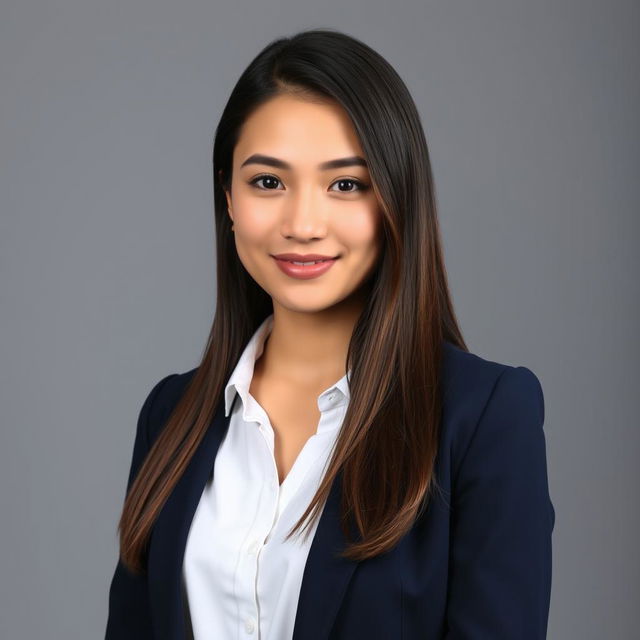 A formal identity photo of a young adult woman with long brunette hair, wearing a professional navy blazer over a white blouse, standing against a neutral gray backdrop