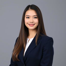 A formal identity photo of a young adult woman with long brunette hair, wearing a professional navy blazer over a white blouse, standing against a neutral gray backdrop