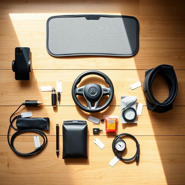 A high-quality flat lay of essential car accessories neatly displayed on a wooden surface