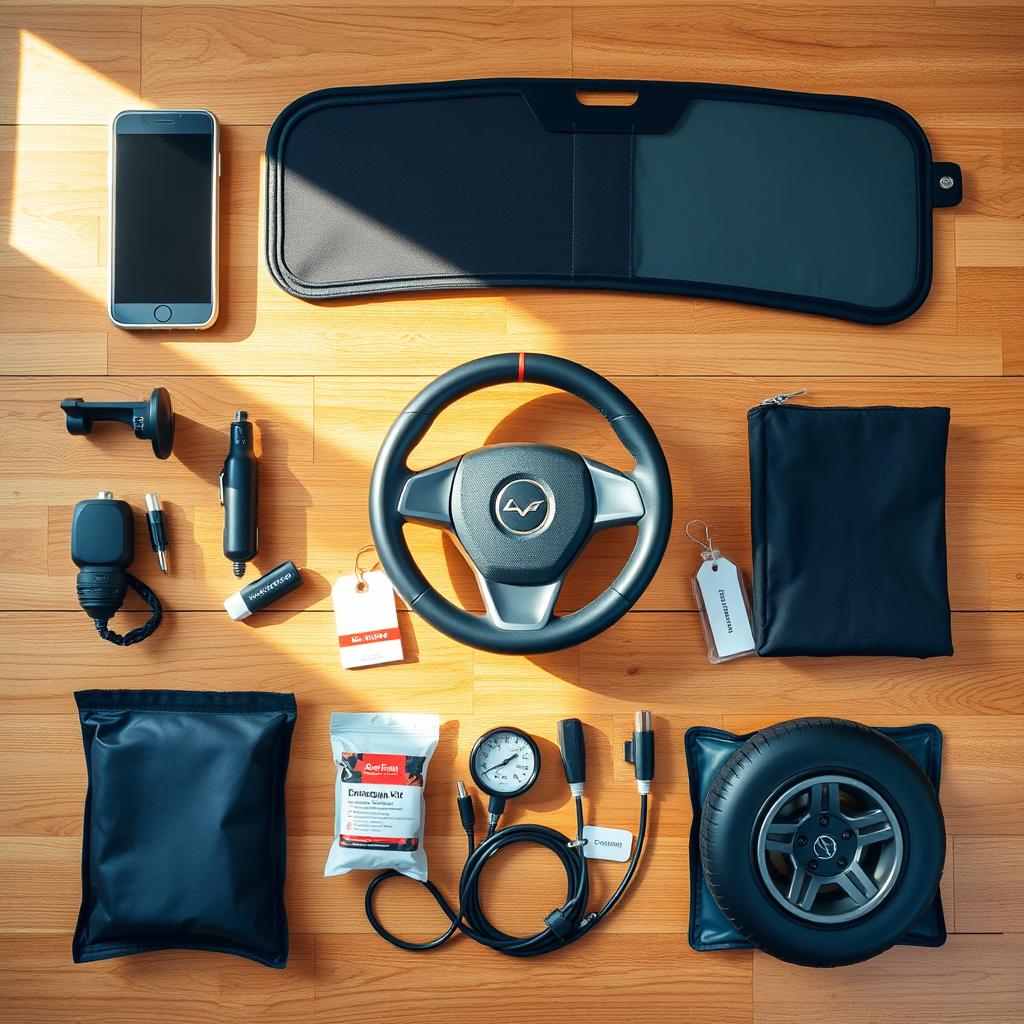 A high-quality flat lay of essential car accessories neatly displayed on a wooden surface