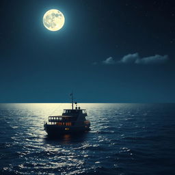 A serene nighttime scene of a vast ocean under a starry sky at midnight