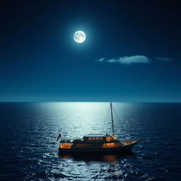 A serene nighttime scene of a vast ocean under a starry sky at midnight