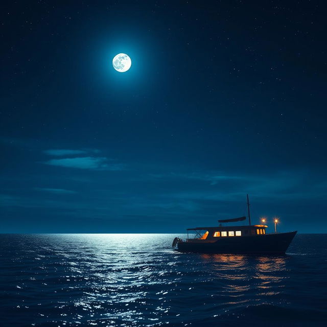 A serene nighttime scene of a vast ocean under a starry sky at midnight