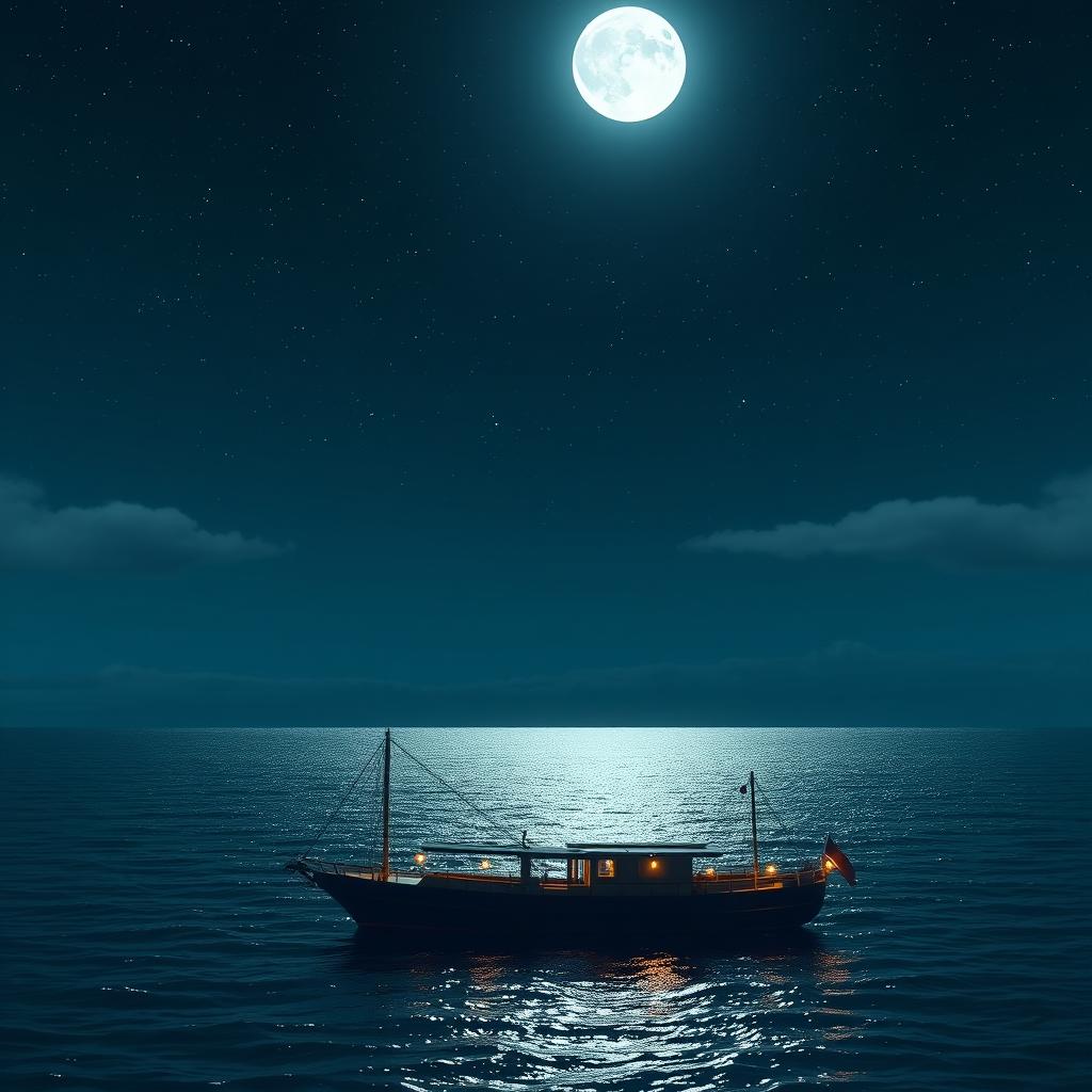 A serene nighttime scene of a vast ocean under a starry sky at midnight