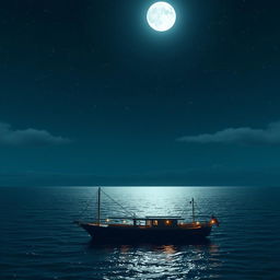 A serene nighttime scene of a vast ocean under a starry sky at midnight