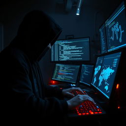 A dramatic scene depicting a hacker in a dimly lit room, focused on multiple computer screens filled with code and data