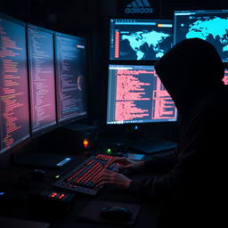 A dramatic scene depicting a hacker in a dimly lit room, focused on multiple computer screens filled with code and data