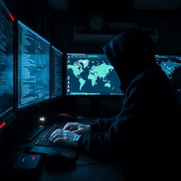 A dramatic scene depicting a hacker in a dimly lit room, focused on multiple computer screens filled with code and data