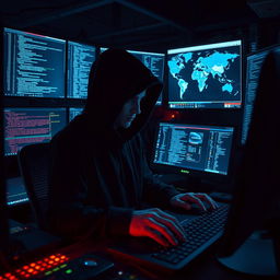 A dramatic scene depicting a hacker in a dimly lit room, focused on multiple computer screens filled with code and data
