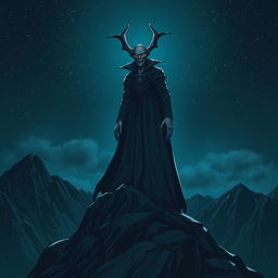 A tall vampire dressed in a long flowing cloak, standing atop a mountain under a starry night sky