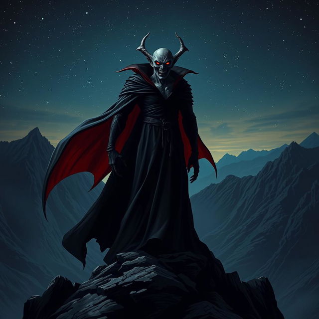 A tall vampire dressed in a long flowing cloak, standing atop a mountain under a starry night sky