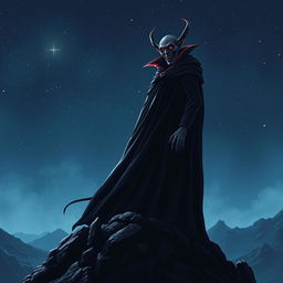 A tall vampire dressed in a long flowing cloak, standing atop a mountain under a starry night sky