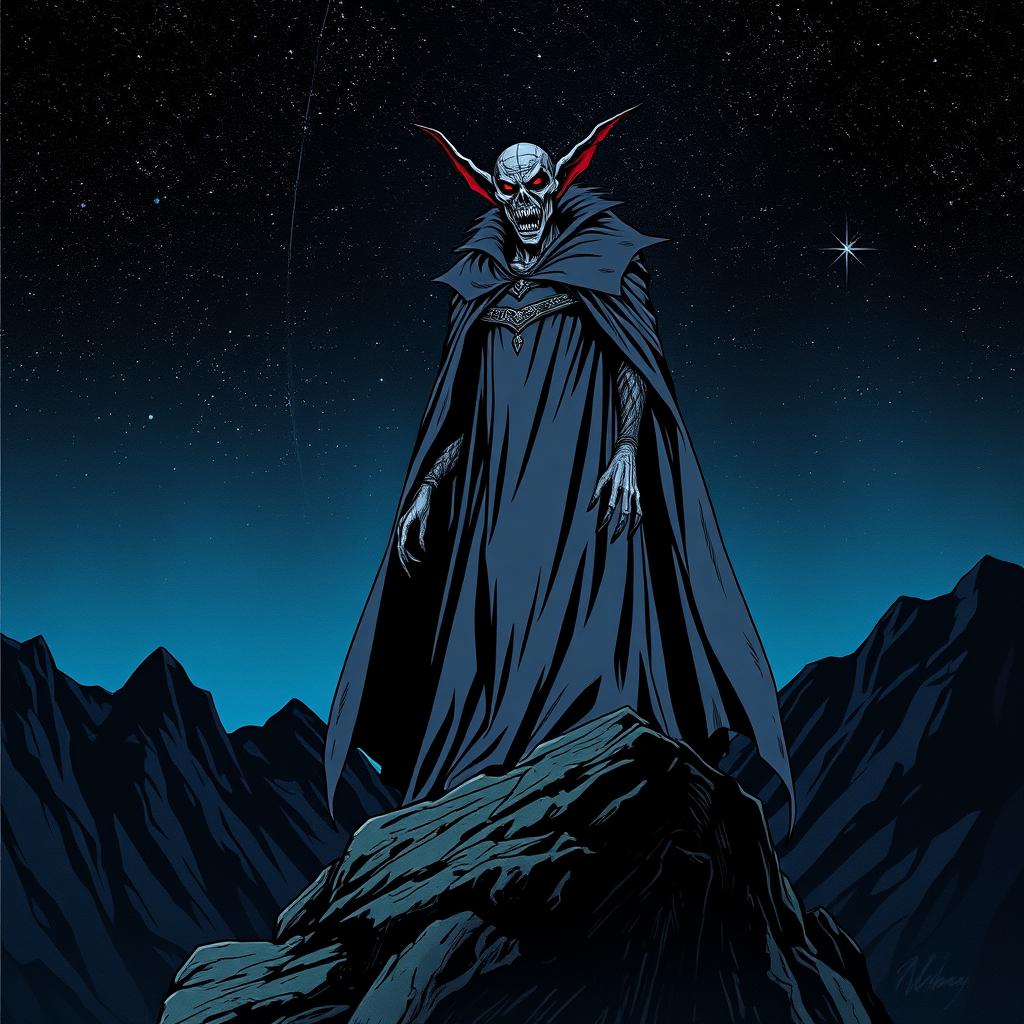 A tall vampire dressed in a long flowing cloak, standing atop a mountain under a starry night sky