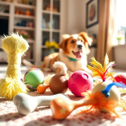 A colorful and delightful collection of pet toys including a fluffy squeaky bone, a plush mouse with a tail, a rubber ball with a textured surface, and a crinkly cat wand toy with feathers