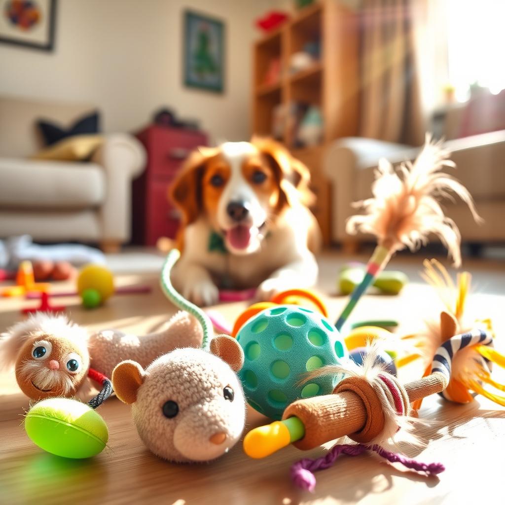 A colorful and delightful collection of pet toys including a fluffy squeaky bone, a plush mouse with a tail, a rubber ball with a textured surface, and a crinkly cat wand toy with feathers