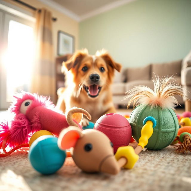 A colorful and delightful collection of pet toys including a fluffy squeaky bone, a plush mouse with a tail, a rubber ball with a textured surface, and a crinkly cat wand toy with feathers