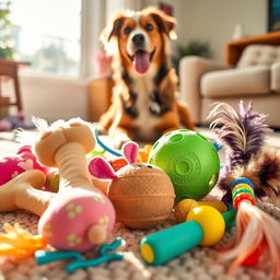 A colorful and delightful collection of pet toys including a fluffy squeaky bone, a plush mouse with a tail, a rubber ball with a textured surface, and a crinkly cat wand toy with feathers