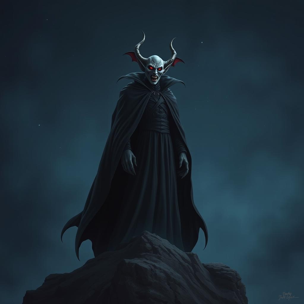 A tall vampire dressed in a long flowing cloak, standing atop a mountain under a dark night sky