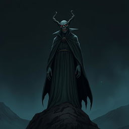 A tall vampire dressed in a long flowing cloak, standing atop a mountain under a dark night sky