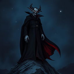 A tall vampire dressed in a long flowing cloak, standing atop a mountain under a dark night sky