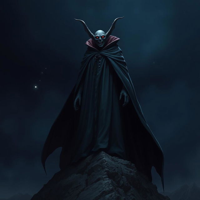 A tall vampire dressed in a long flowing cloak, standing atop a mountain under a dark night sky