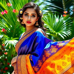 A beautiful Indian woman draped elegantly in a vibrant saree, showcasing rich embroidery and intricate patterns