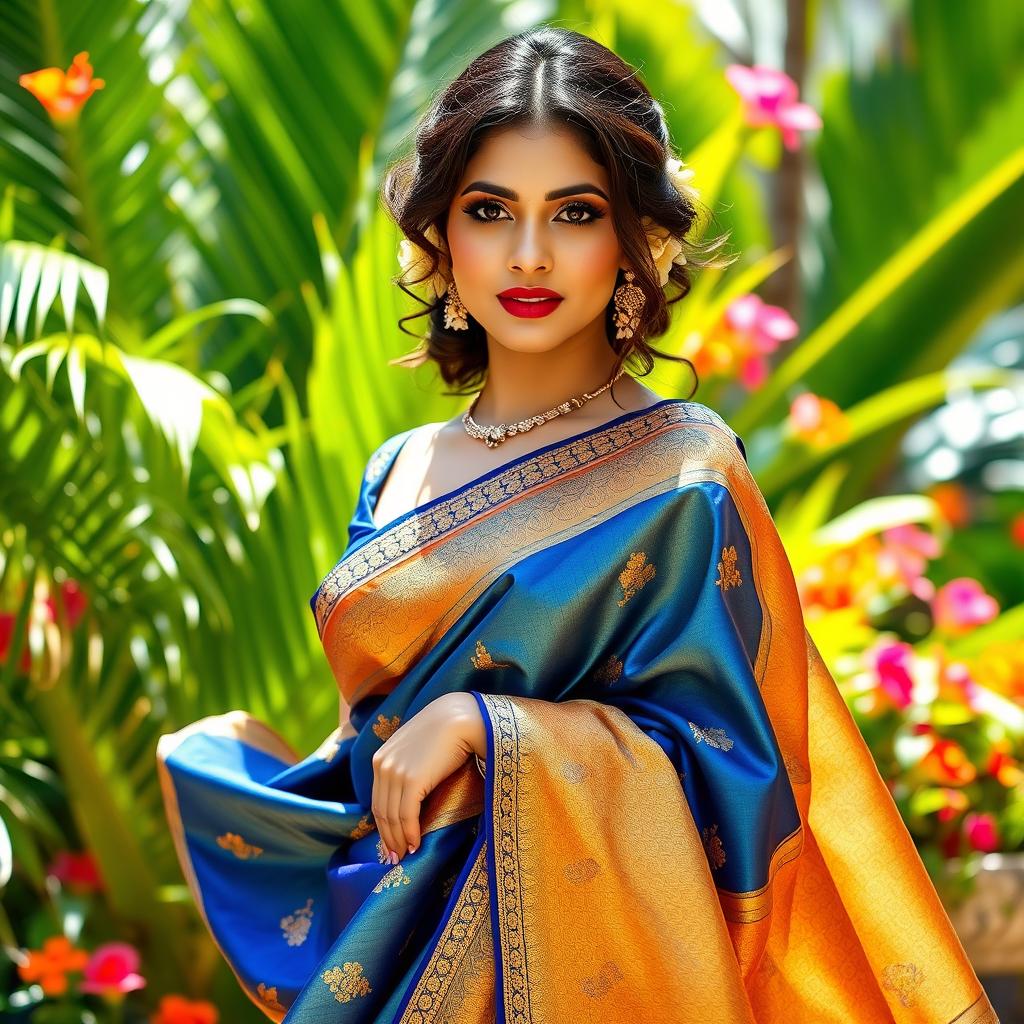 A beautiful Indian woman draped elegantly in a vibrant saree, showcasing rich embroidery and intricate patterns