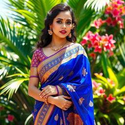 A beautiful Indian woman draped elegantly in a vibrant saree, showcasing rich embroidery and intricate patterns