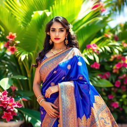 A beautiful Indian woman draped elegantly in a vibrant saree, showcasing rich embroidery and intricate patterns