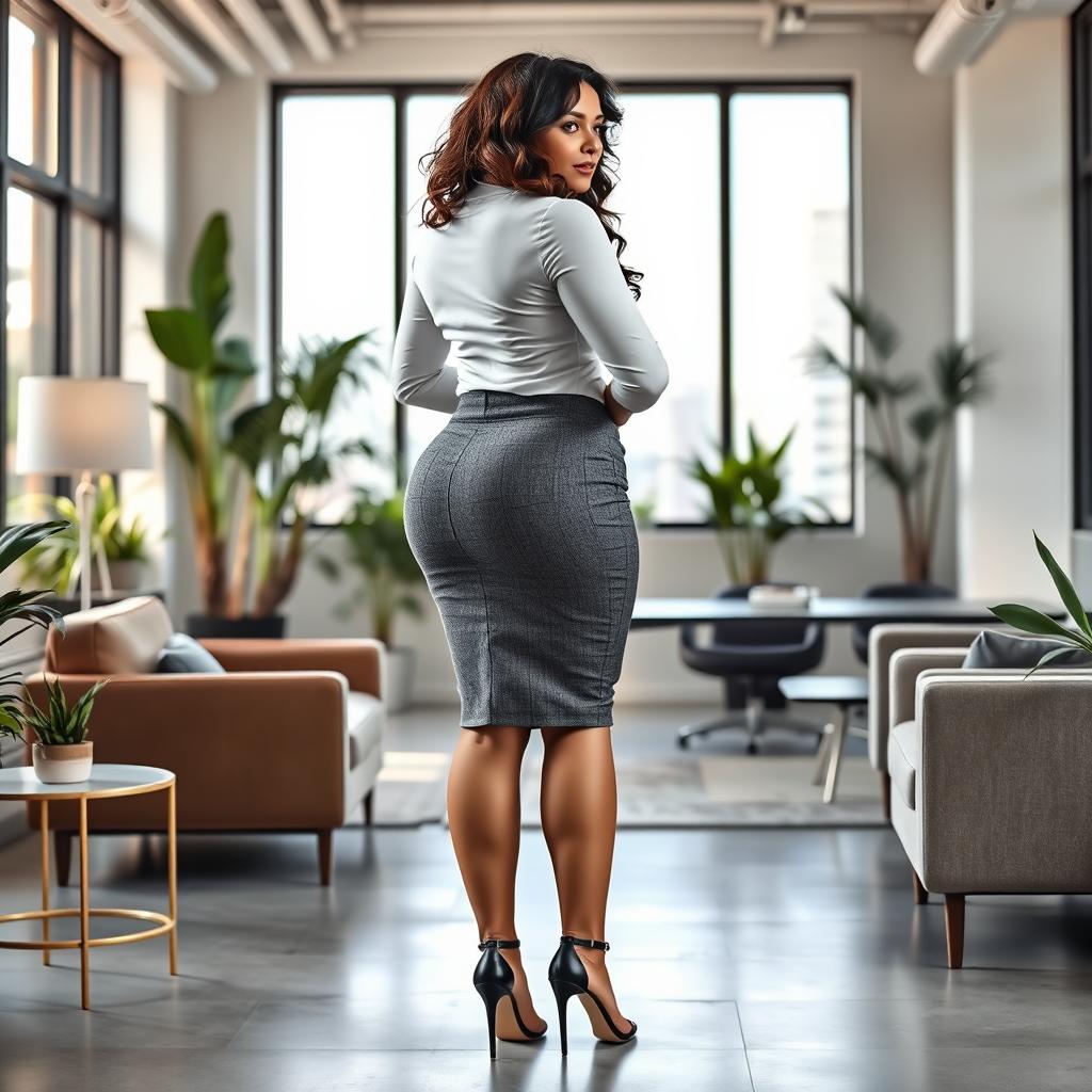 A curvy woman with a tight backside wearing a gray pencil skirt and a fitted white shirt, standing confidently in a modern office environment