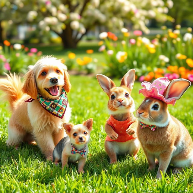 A delightful scene featuring a variety of pets dressed in adorable outfits