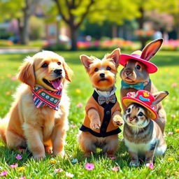 A delightful scene featuring a variety of pets dressed in adorable outfits