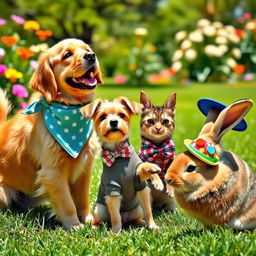 A delightful scene featuring a variety of pets dressed in adorable outfits