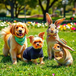 A delightful scene featuring a variety of pets dressed in adorable outfits